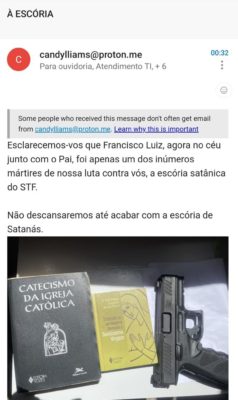 Imagem colorida de e-mail recebido pelo STF após ato terrorista