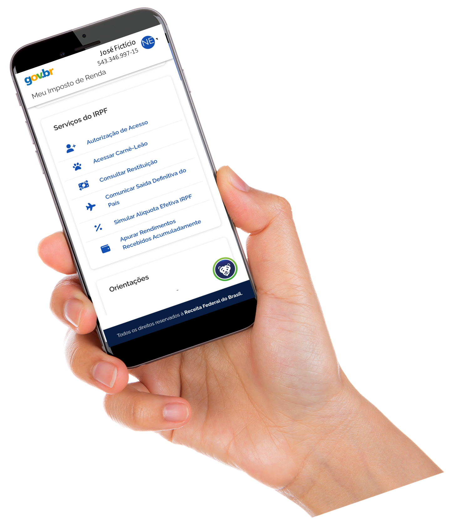 Menu onde aparece o item "Autorização de acesso" no app Meu Imposto de Renda, da Receita Federal