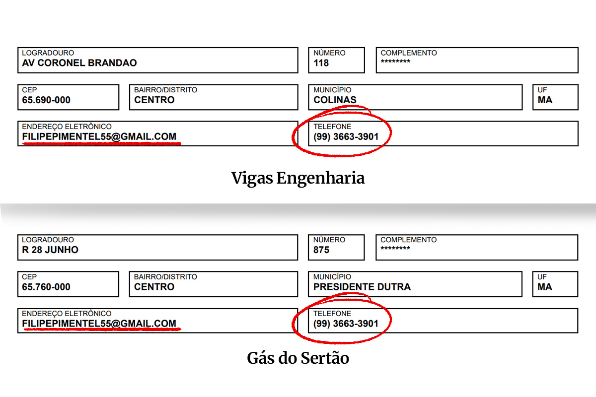 E-mail e telefone da Vigas Engenharia são iguais a de empresa de Marcus Brandão