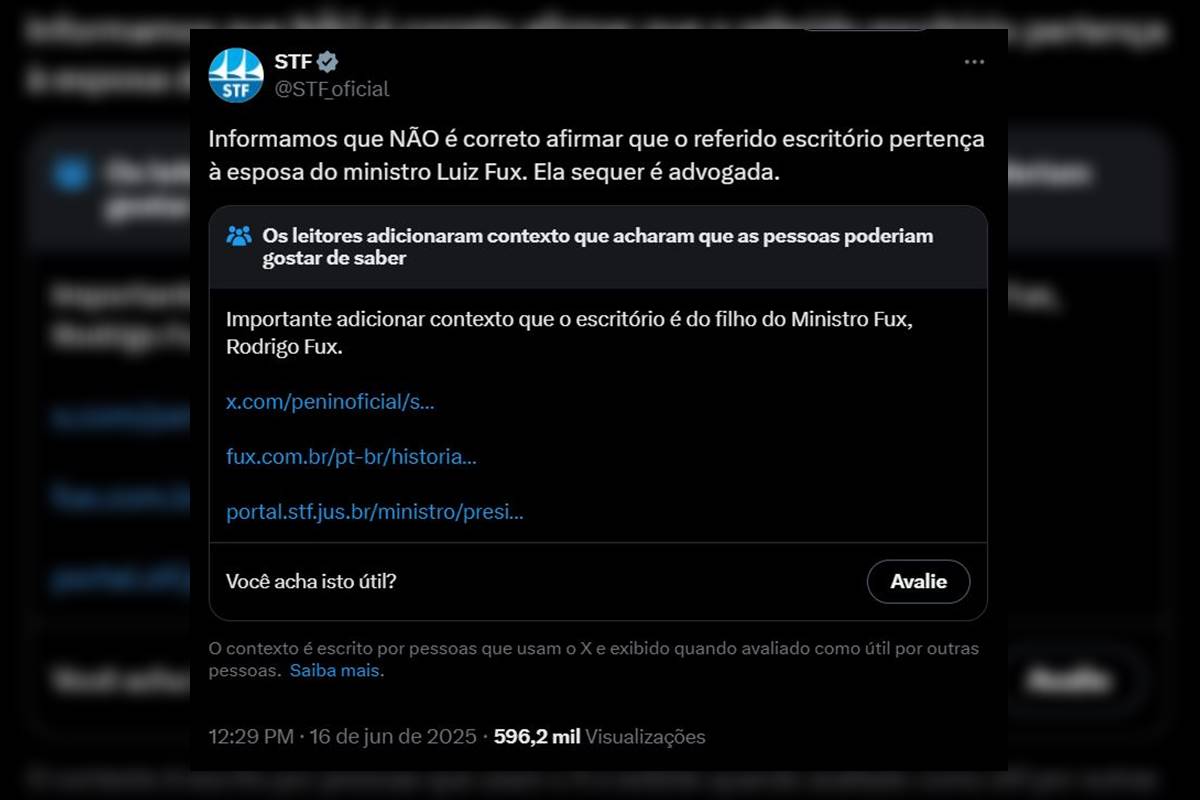 Imagem colorida de reprodução de manifestação do STF